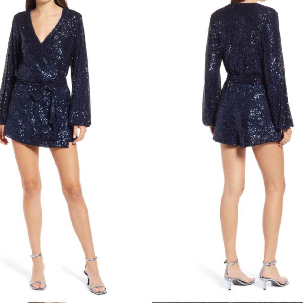 Free People Christa Sequin Long Sleeve Romper - Blue - Size M